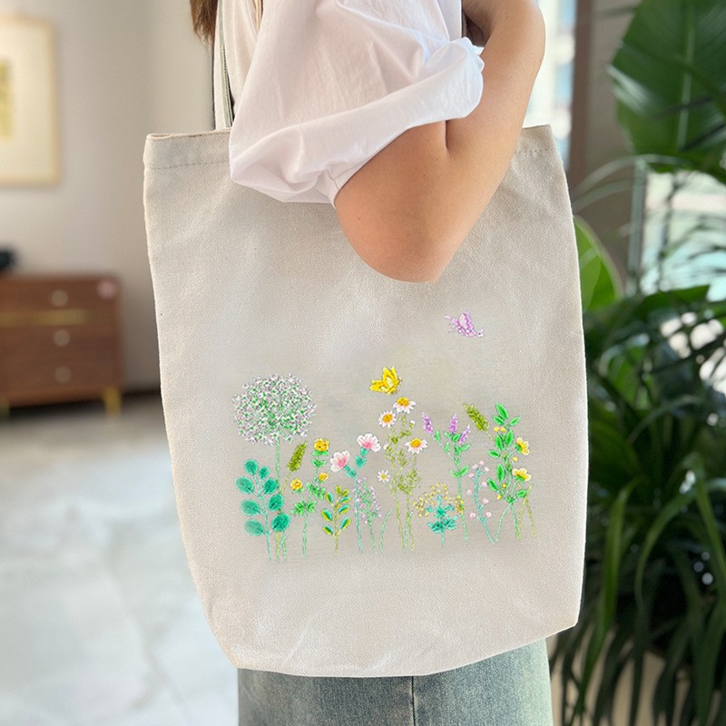 Hecho a mano DIY cinta bordada bolsa de lona Lu bordado solo hombro bolso tridimensional bordado flor lienzo mujer bolsa grande