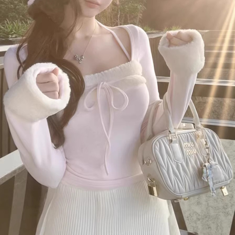 Sweetheart Bunny Eco-Friendly Rabbit Fur Patchwork Halter Neck Thermal Top Pure Desire Sexy Slim Fit Base Shirt for Winter