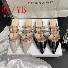 高版本跨境TV华伦铆钉尖头平底凉鞋女真皮包头外穿欧美一脚蹬凉拖