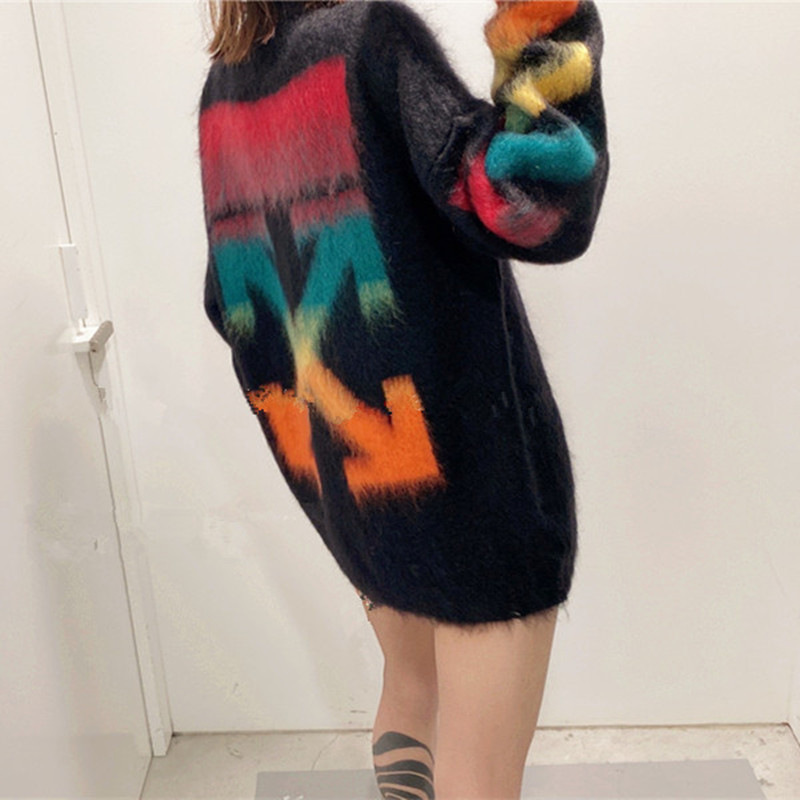 Lucky Bag European and American Style Gradient Rainbow Arrow Jacquard Mohair Loose Pullover Sweater for Women Casual Knitwear Trendy