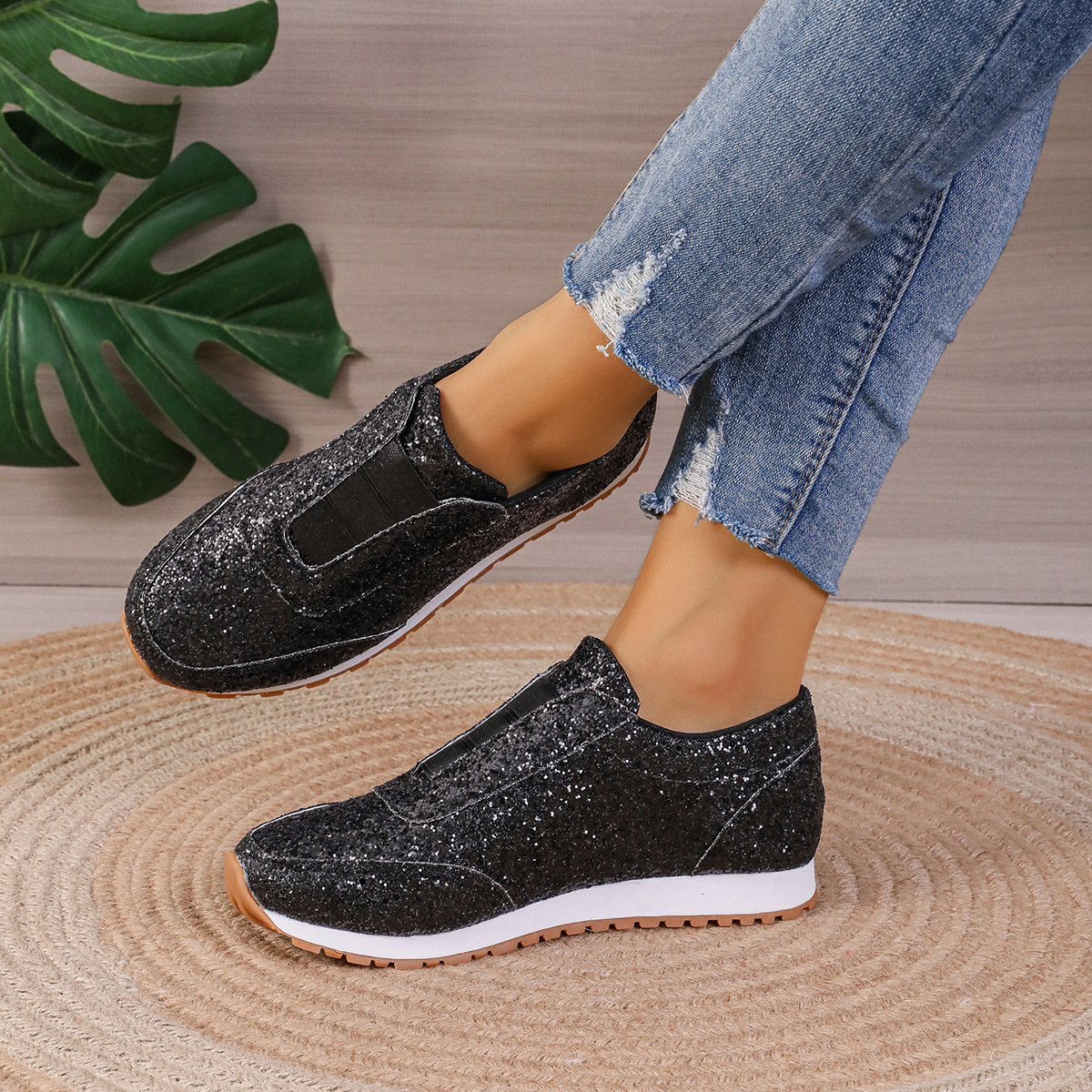Damenschuhe mit Pailletten und Strasssteinen, elastische Freizeitschuhe mit dicken Sohlen, Fischmaulschuhe_voghion.com