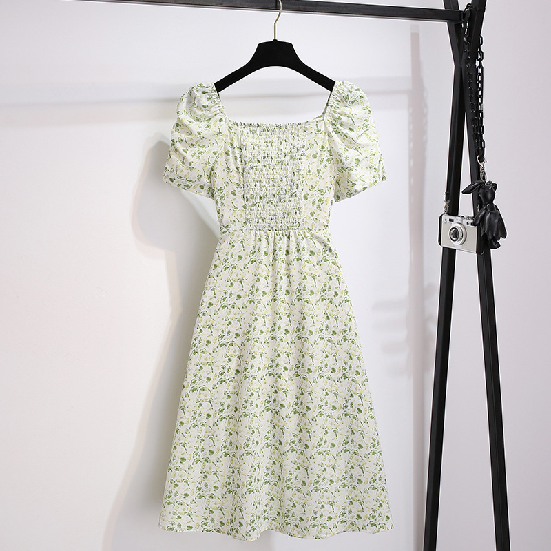 ティーブレイクフレンチグリーン小花柄シフォンドレス女性のための 2025 夏の新しいスクエアカラーパフスリーブスリットスカート|undefined