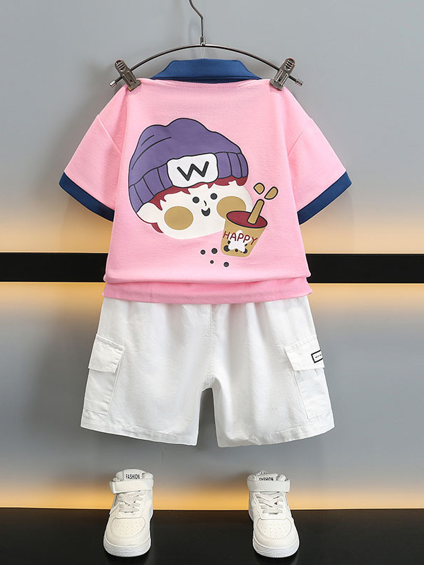 5712 Traje de impresión de dibujos animados para niños Camisa POLO de manga corta para bebés Traje de dos piezas de dopamina de verano para niños