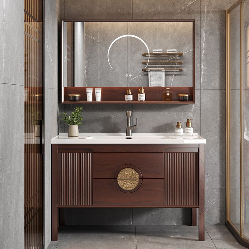 New Chinese-Style Ceramic Integrated Basin Bathroom Cabinet Set, Ebony Wood Floor-Standing Double Basin, New Washbasin Cabinet