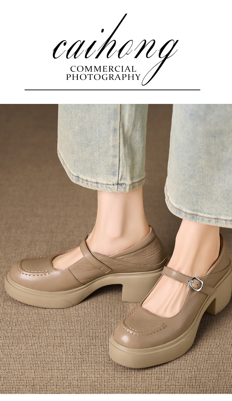 Giày Mary Jane nữ quai ngang có khóa, da cừu đế dày gót vuông 6,5 cm — đen chi tiết 1