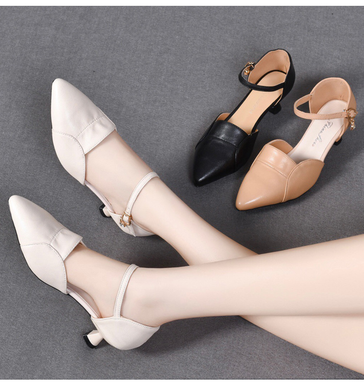 Xăng đan nữ mũi nhọn da thật quai ngang gót nhỏ 3 cm — Gót đen cao 3 cm chi tiết 13