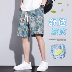 半ズボンの夏の薄いタイプの半ズボンの男性のカジュアルな氷の糸の5分のズボンの男性の潮のブランドの花のパンツの夏の砂浜の大きいサイズ
