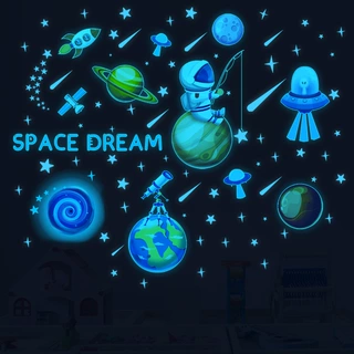 YGP-B102夜光太空星球宇航员墙贴 卡通荧光太空梦 儿童房蓝光贴纸
