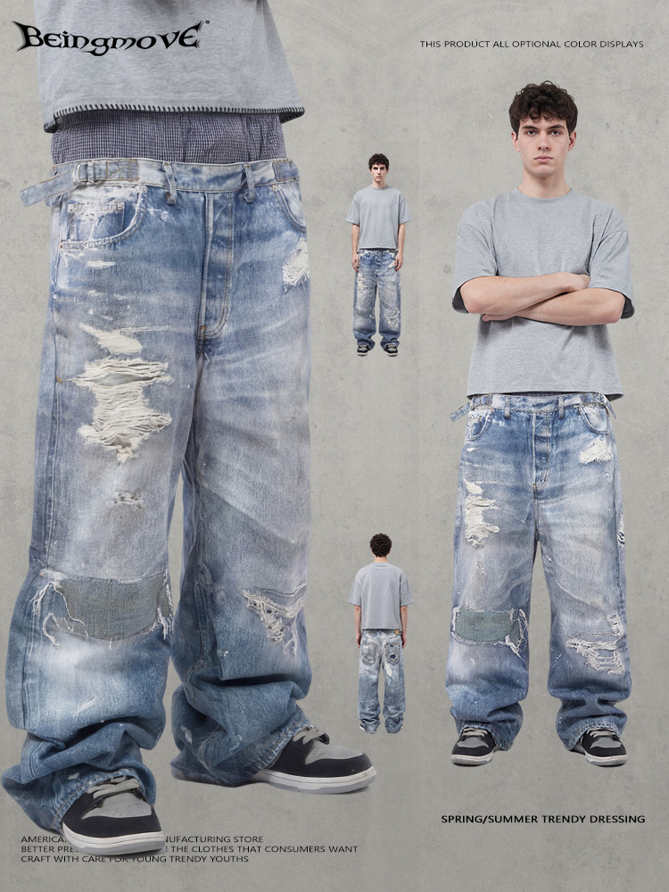 Calle de estilo americano de moda callejera hip-hop jeans personalidad retro algodón textura de cintura doble pantalones largos sueltos hombre