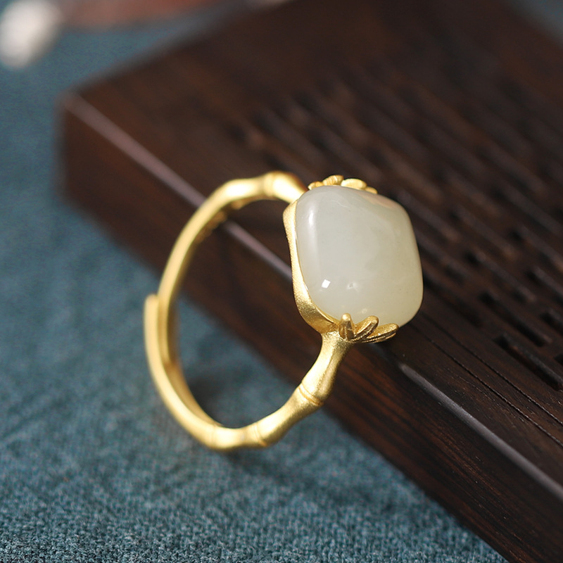 S925 Sterling Silver Gold Plated Hetian Jade Sapphire Retro Bamboo Ring