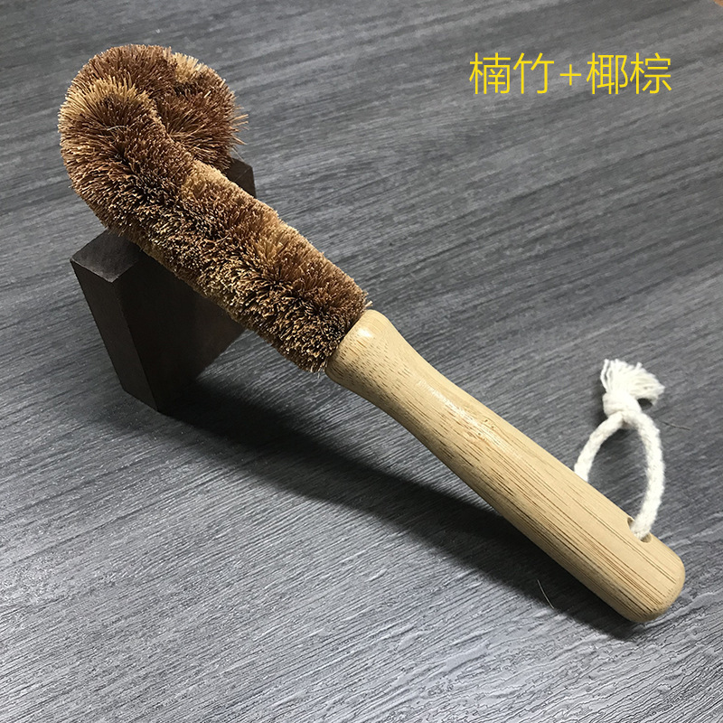 Natural Coconut Palm Pot Scrubber Kitchen Brush with Long Handle for Cleaning Pots and Bowls