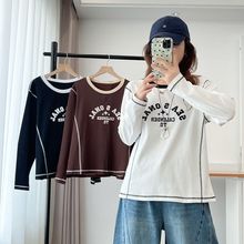秋装韩版新款休闲明线上衣大码胖mm设计感圆领拼色字母印花t恤女