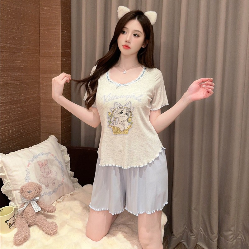 잠옷 여성의 여름 고급 피트 모달 코튼 고양이 인쇄 편안한 반팔 반바지 세트 플러스 브래킷 면 홈 옷