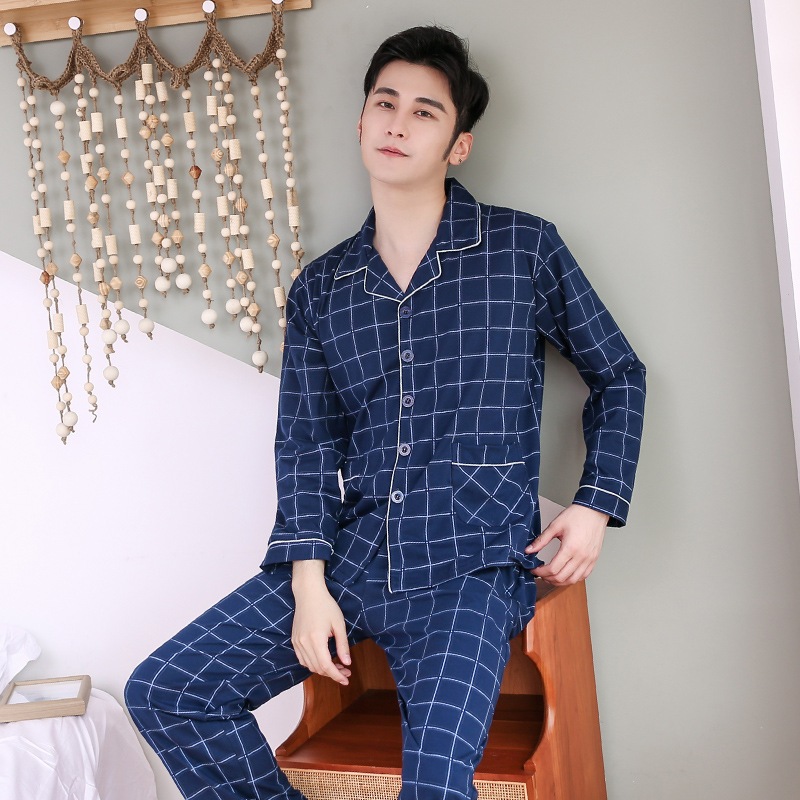 Pijamas de manga larga de los hombres 100% algodón de primavera y otoño de los hombres de algodón de los jóvenes de mediana edad ropa para el hogar de verano