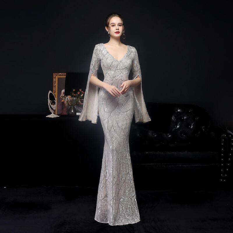 18576# sequined long banquet slim-fit fishtail elegant socialite party Annual Meeting host party dress