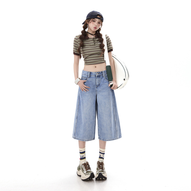 American-Style High Street Workwear-Inspired Women's Summer Thin Loose Wide-Leg Cropped Denim Shorts for Petite Figures