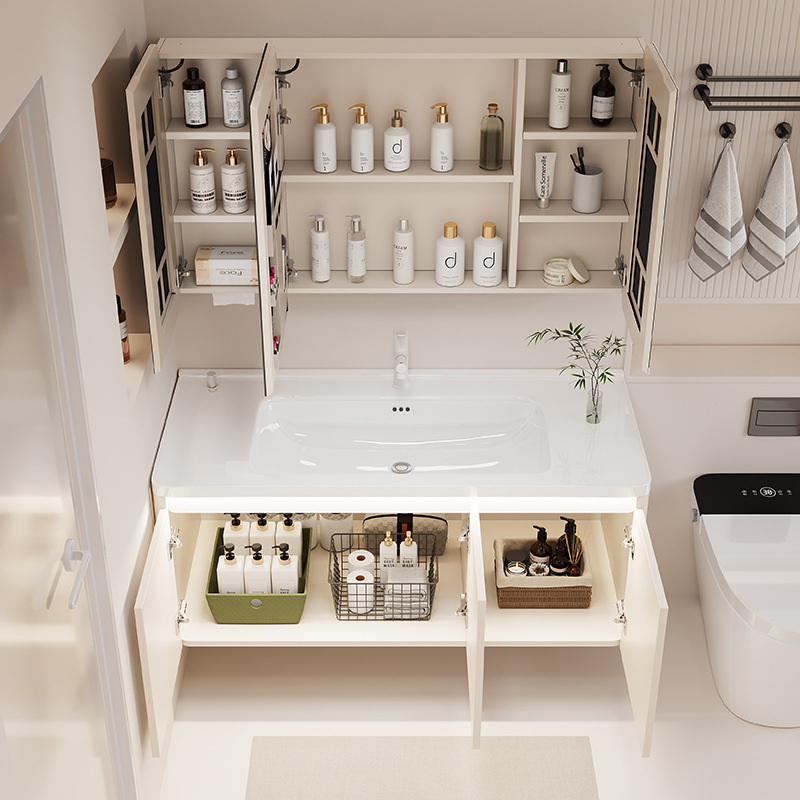 Gabinete de baño de agua con control de mesa, lavabo integrado de cerámica, cajón de baño, gabinete de baño de inducción, lavabo combinado, nido de abeja, aluminio