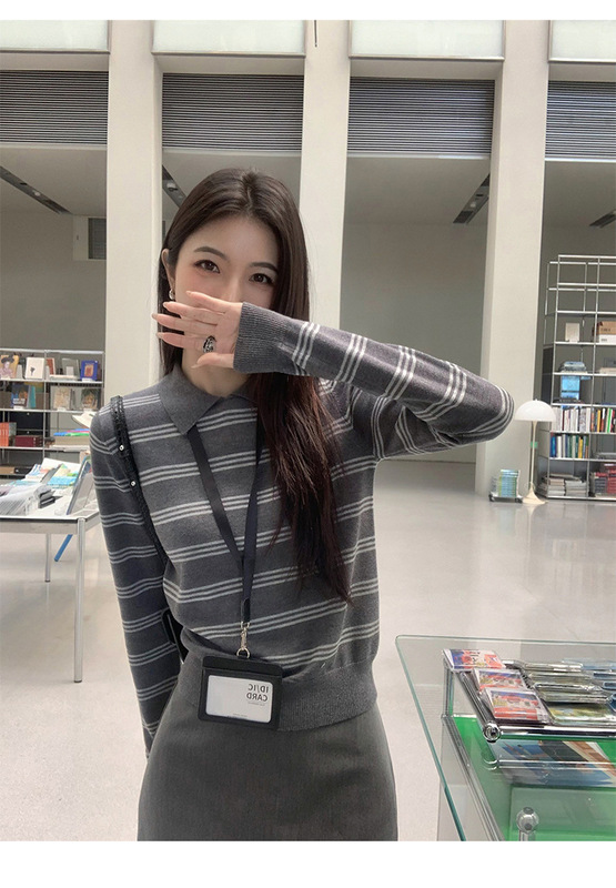 美式撞色条纹polo衫长袖T恤女宽松复古通勤针织上衣|undefined