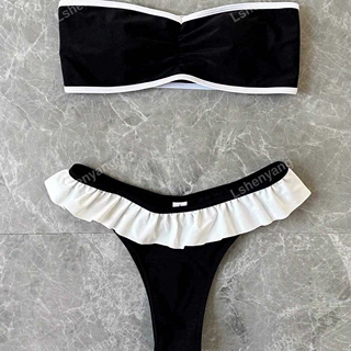 2027跨境新款欧美纯色分体泳衣荷叶边抹胸葫芦岛泳衣沙滩bikini女