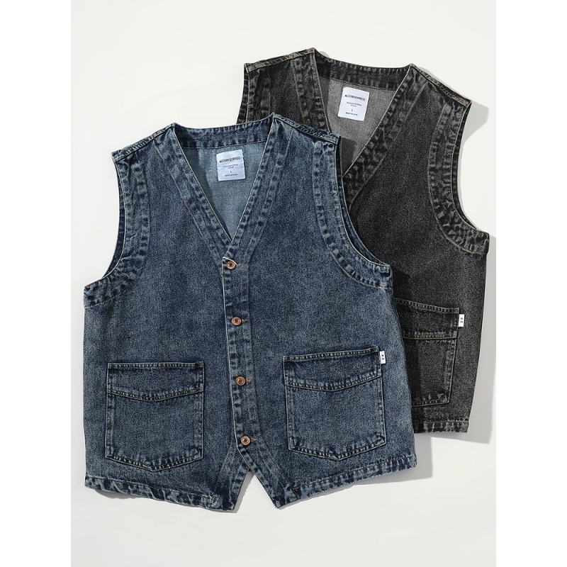 AliExpress Hot Selling Men's Denim Vest, Hong Kong Style Loose Fit Workwear Sleeveless Jacket, Retro Casual Denim Jacket