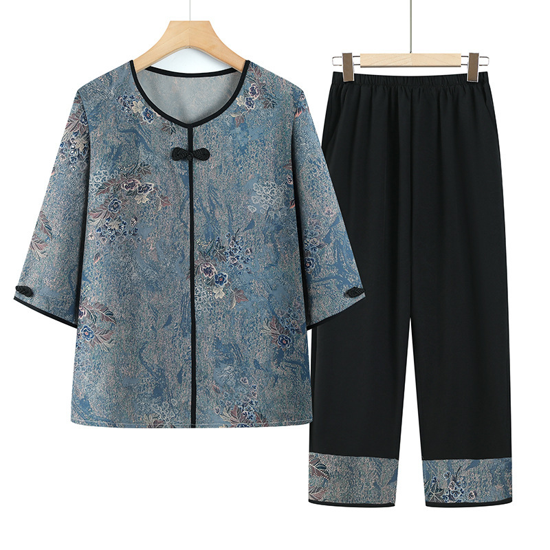 Grandma's Summer T-shirt Two-piece Mother's Spring Clothes for Middle-aged and Elderly Thin Seven-sleeve suit Clothes for Elderly