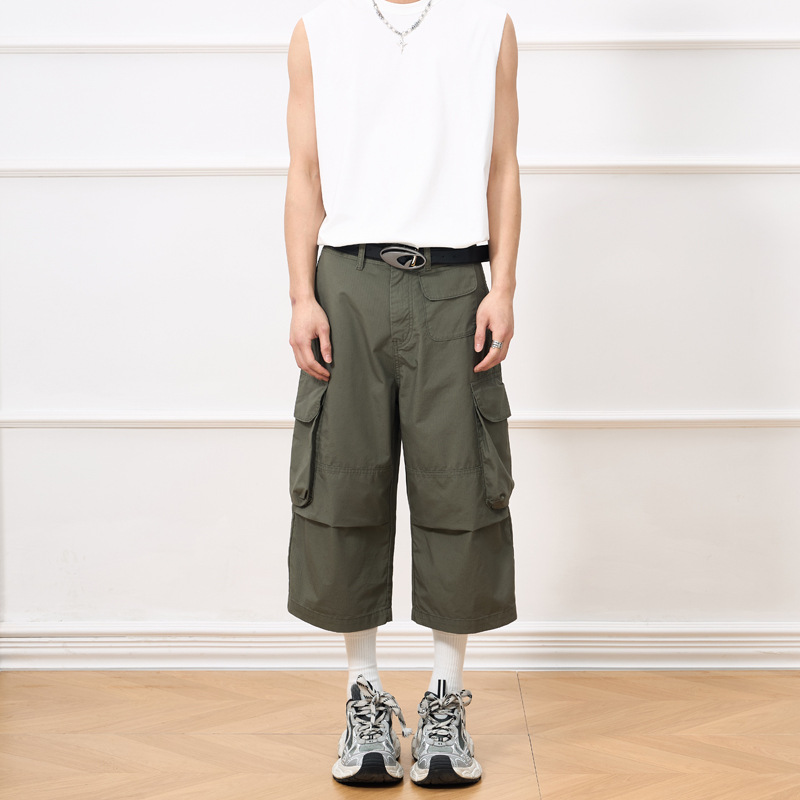 2025 Summer New American Style Loose Large Pocket Quick-drying Overalls Men's High-end Loose All-match Casual Capri Pants