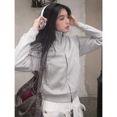 灰色卫衣外套女款正肩短款2025新款立领小个子早秋薄修身开衫上衣