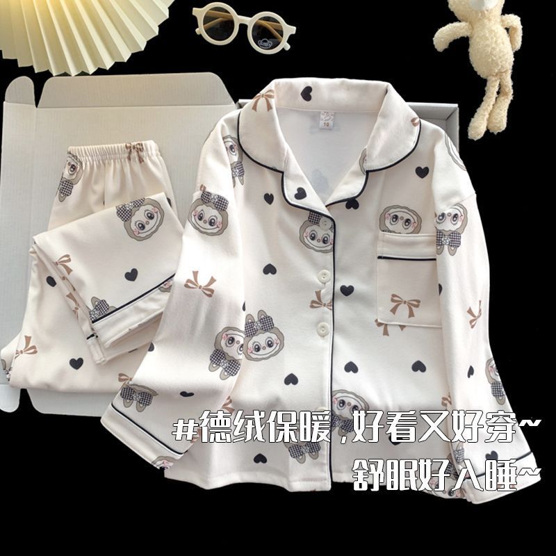 Cross-border children's pajamas for girls, autumn and winter, German wool long-sleeved set, little girl baby warm home wear.
