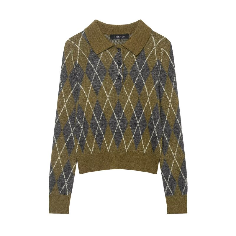 2025 Batch Diamond Pattern Printed Knitwear Women's Autumn and Winter New Casual Style Lapel Long-Sleeved Knitwear Top 2025 Batch Diamond Pattern Printed Knitwear Women's Autumn and Winter New Casual Style Lapel Long-Sleeved Knitwear Top