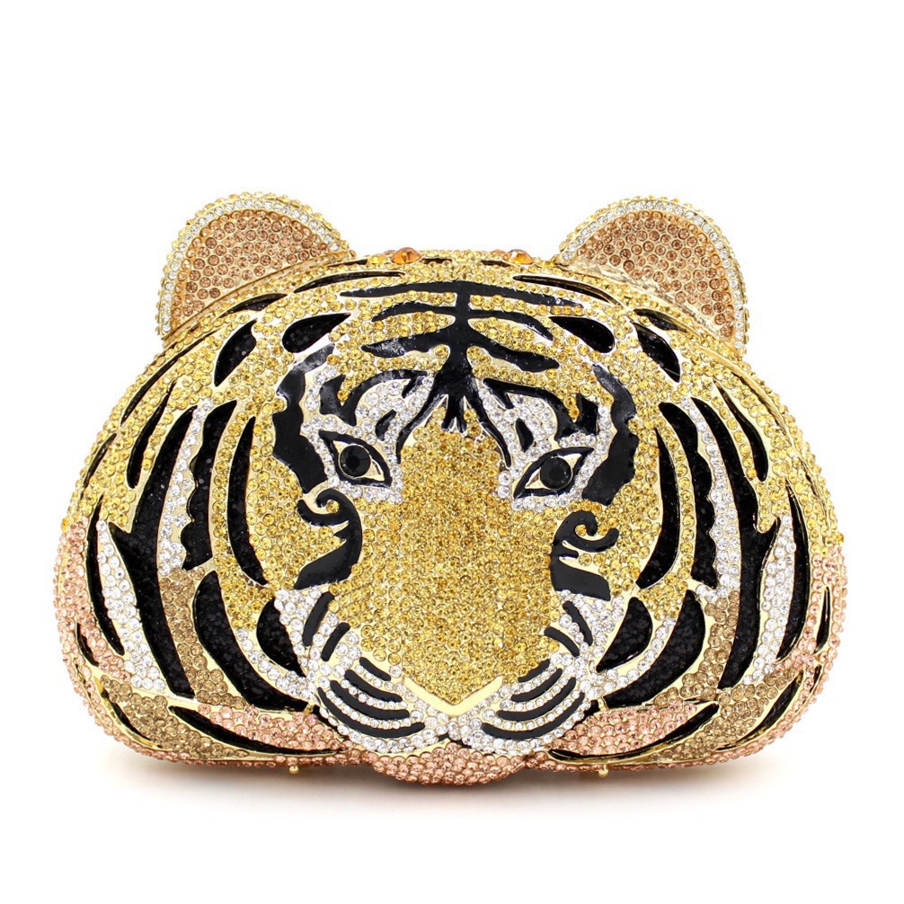 Bag de piedra tigre animal tigre bolsas de diamante metal hueco bolsas de cena de cristal bolsas de mano de diamantes