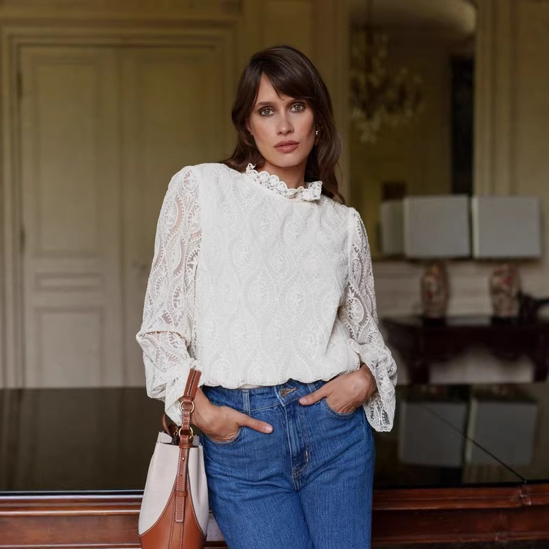 Comercio exterior de mujeres europeas y estadounidenses transfronterizas de encaje francés de manga larga de cuello medio alto chaqueta delgada Jacquard encaje pillado en el interior image 4