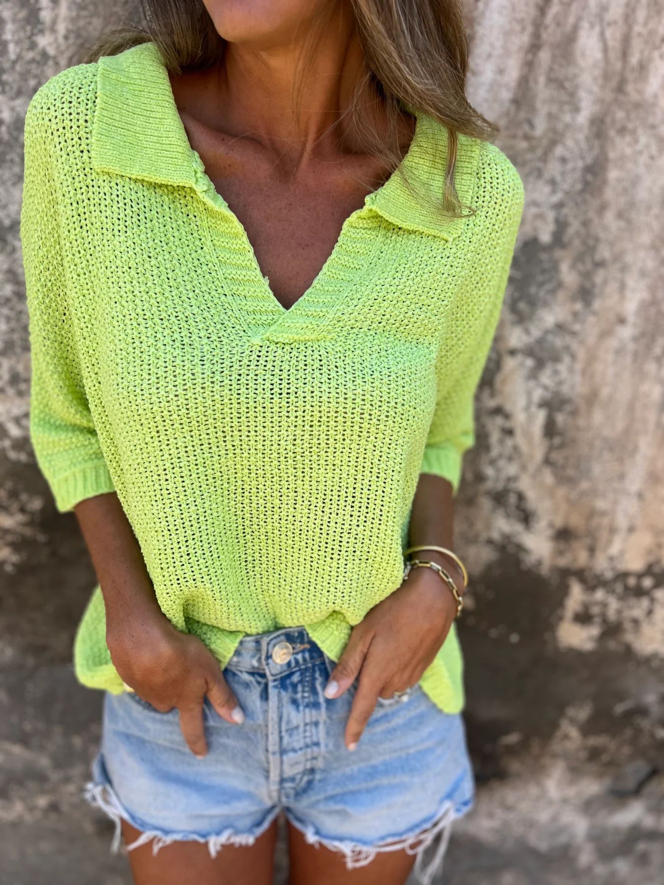 Damen-Sommer-Strickpullover mit Kragen, Dreiviertelärmeln, einfarbig_voghion.com