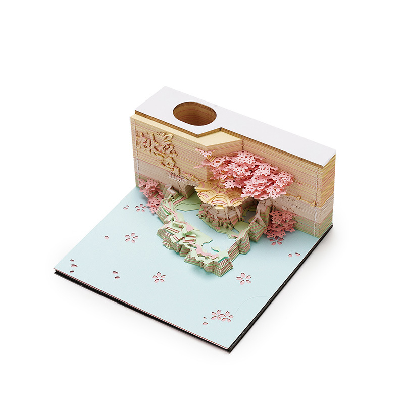 Talla de papel 3D Peach Blossom Island Notas tridimensionales de estilo nacional, artículos de arte de alto valor, notas adhesivas lindas, el calendario se puede romper a mano