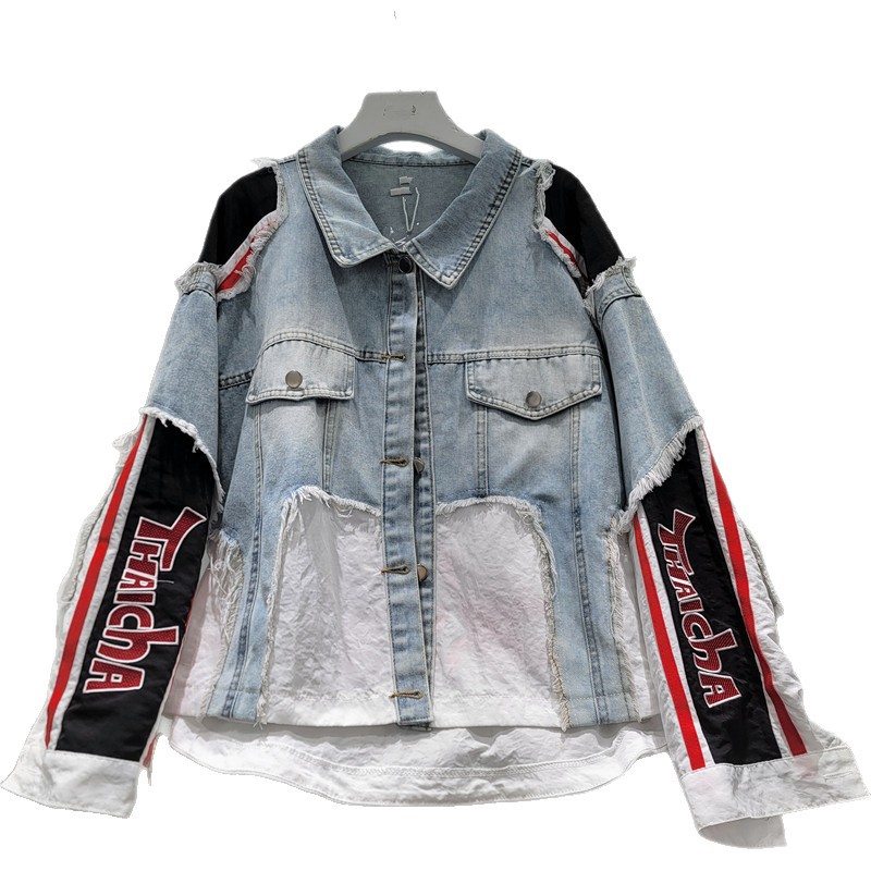 Chaqueta Corta de Mezclilla con Estampado de Letras y Color Contraste para Mujer de Poliéster