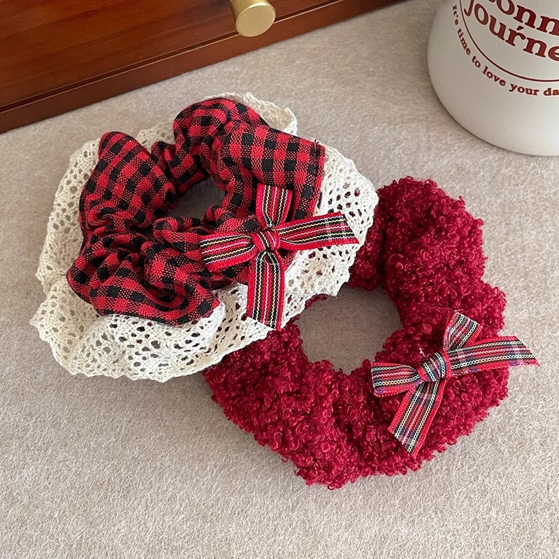 Coreano retro cuadrado rojo bordes de encaje anillo de intestino grande Navidad Año Nuevo nicho universal anillo de cabello de mujer bola cuerda de cabello