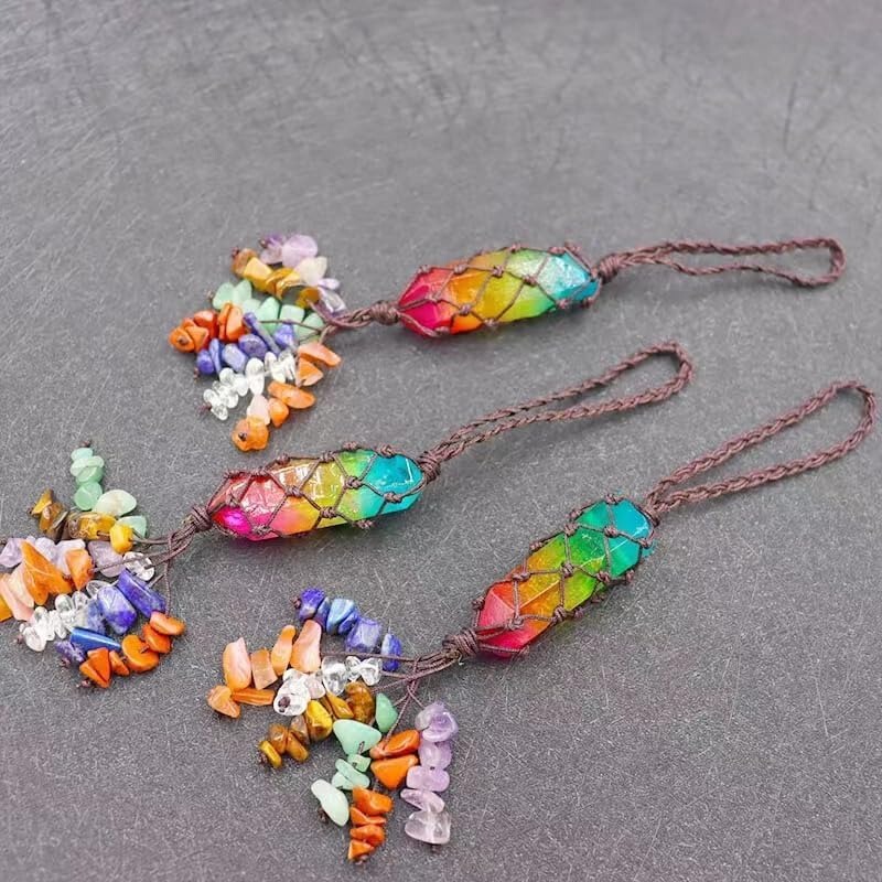 Cross-Border New Product Natural Crystal Hexagonal Column Single Crystal Hand-Woven Car Hanging Ornament with Colorful Crushed Stone Tassel Pendant