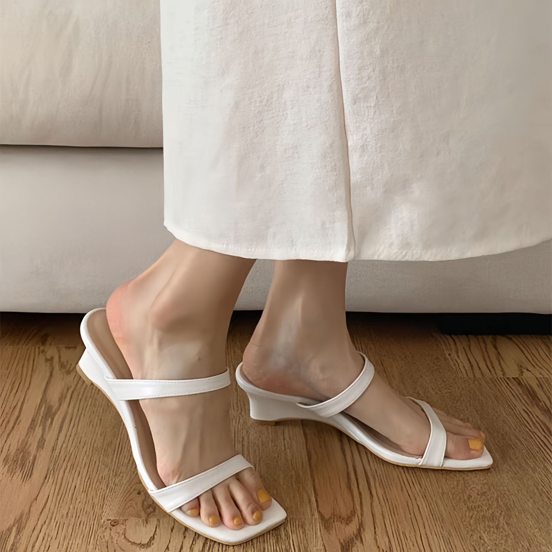 Sheepskin version ~ niche wedge heel back empty sandals women's summer thick heel silver simple leather square toe open toe sandals
