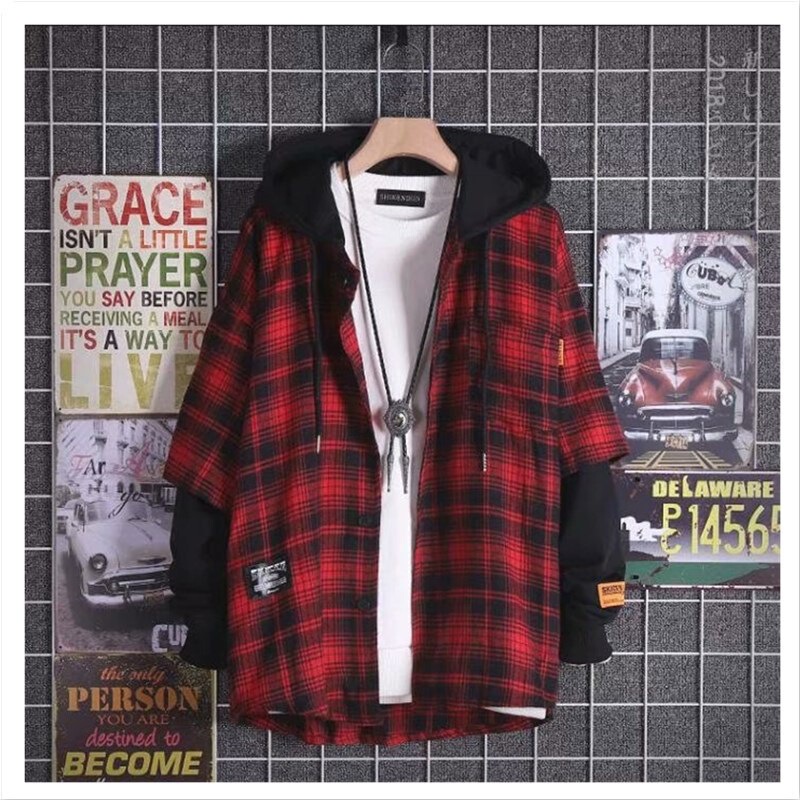 Autumn and Spring New Hooded Plaid Long-sleeved Shirt Men's Korean Style Fashionable Loose All-match Sweatshirt Fashionable Color Brand Jacket