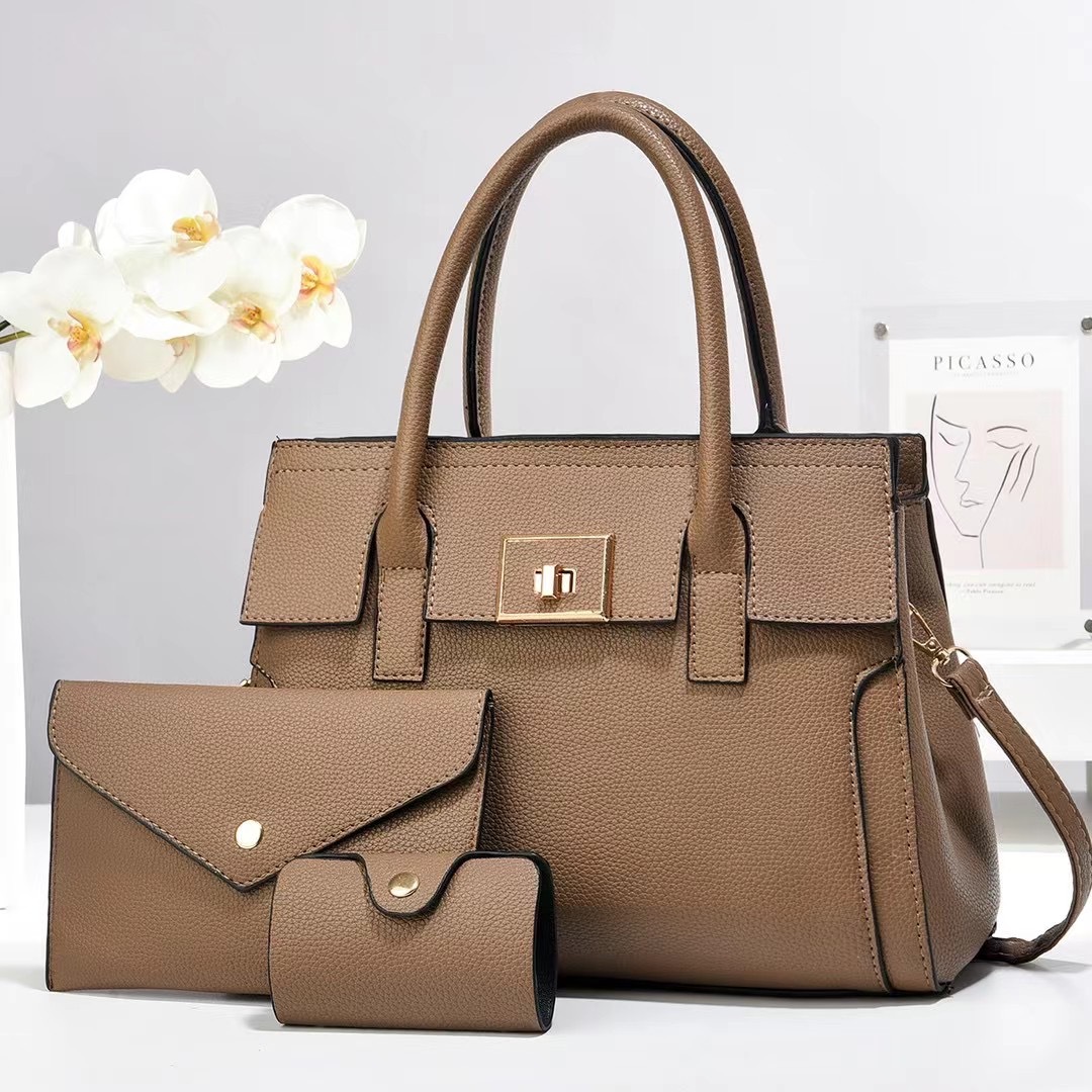 Pu Leather Material Solid Color Pattern Women's Medium Pu Leather Solid Color Classic Style Sewing Thread Square Zipper Bag Sets