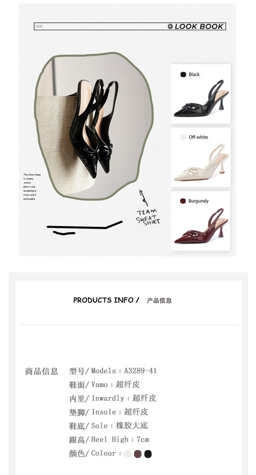 Sandal nữ bít mũi nhọn gót mảnh thắt nơ, quai hậu hở gót, gót 6–8 cm — Màu trắng be, Màu đen, Màu đỏ rượu chi tiết 5