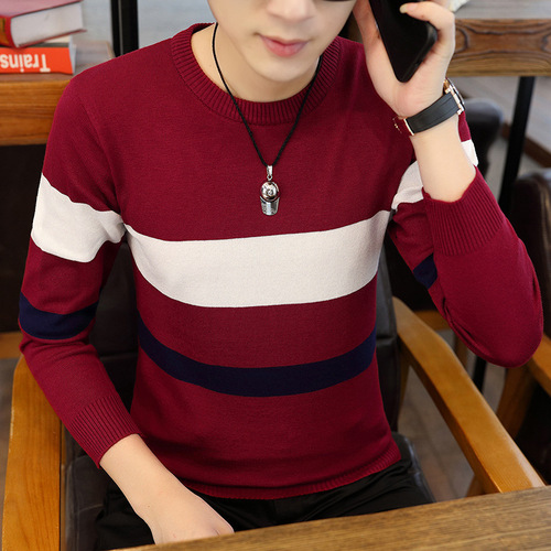Men's Autumn Hooded Crew Neck Striped Color-blocked Long Sleeve Knit Sweater for Youthful Men Casual Sweatshirt