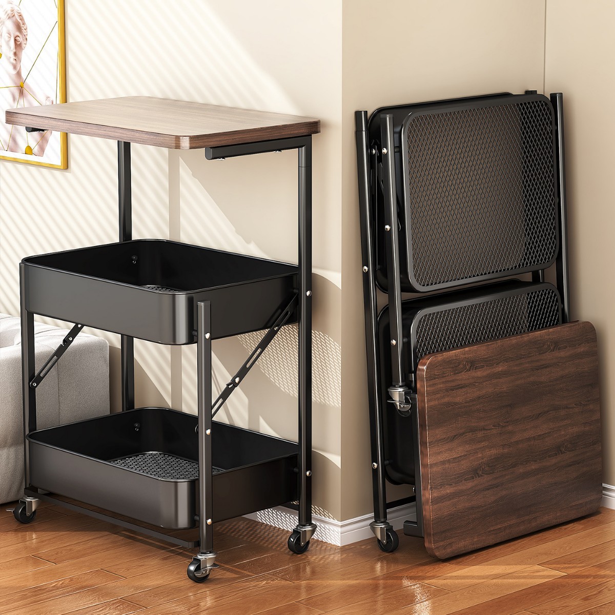 Folding Multi-Layer Storage Trolley Snack Rack Bedside Sandwich Rack Kitchen Bathroom Mobile Storage Rack