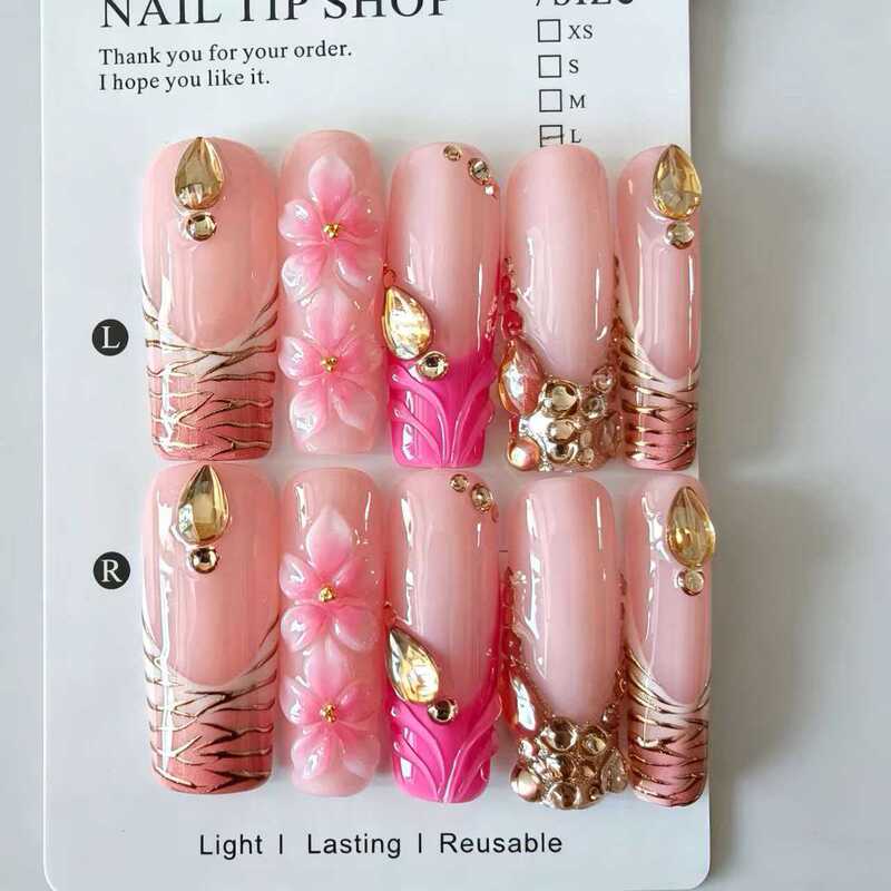 Cross-border handmade pink 3D carved gold-plated long almond-shaped nails, European and American luxury nail art wholesale Cross-border handmade pink 3D carved gold-plated long almond-shaped nails, European and American luxury nail art wholesale