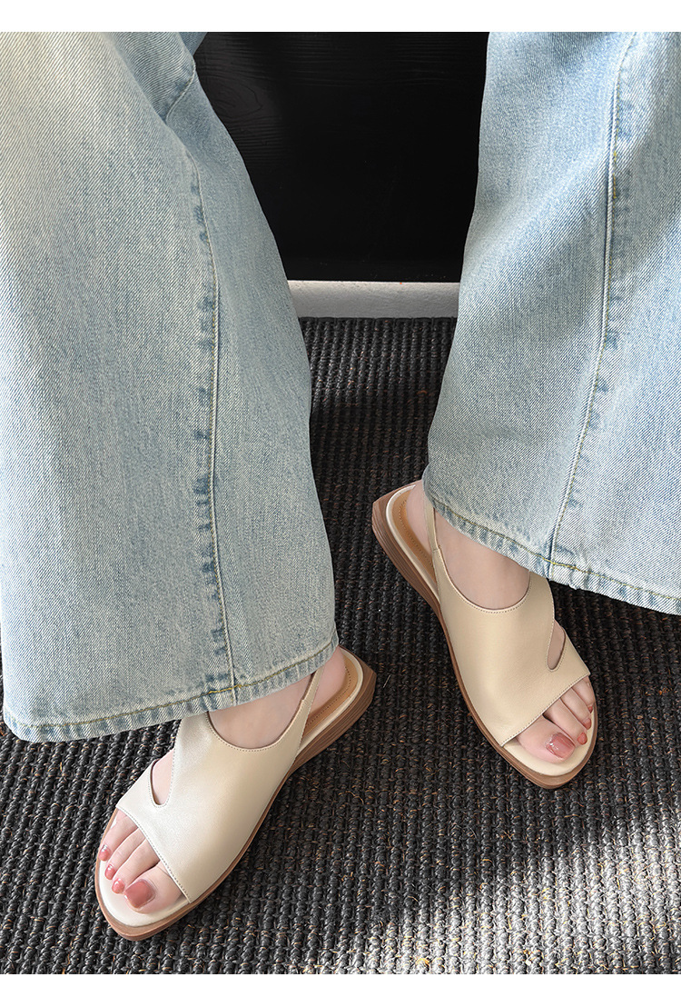 Dép sandal nữ quai ngang da bò hở mũi đế bằng kiểu La Mã — đen chi tiết 9