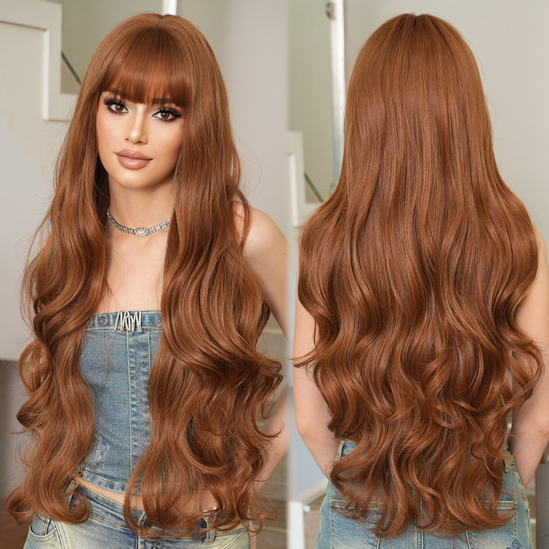 Apricot Brown Lolita Wig for Women, 32 Inches, Super Long Curly Hair, Natural Full Head Wig with Big Waves and Bangs, Realistic Wig