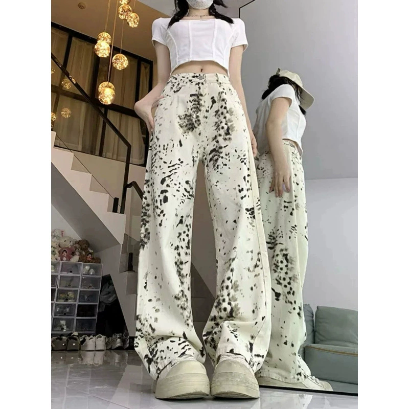 Весенне-летние американские новые широкие брюки в стиле ретро длиной до пола, женские свободные джинсы с леопардовым принтом, прямые повседневные брюки