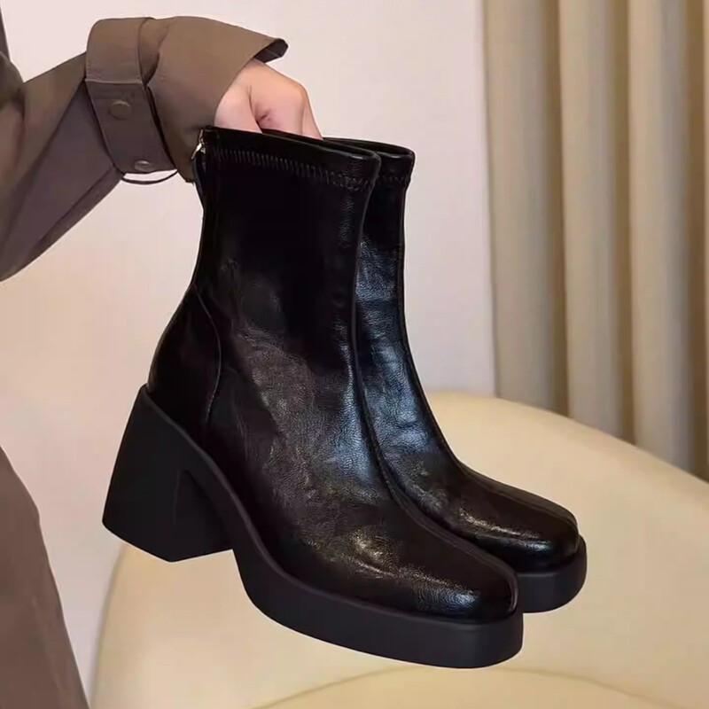 Ss Boots-High-Heeled Thick-Soled Short Boots for Women 2025 New Soft Leather Boots Black Versatile and Beautiful Slim Boots