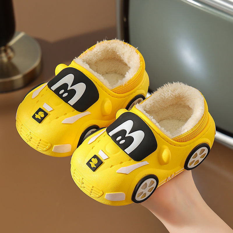 Children's Cotton Slippers Waterproof and Non-Slip for Boys and Girls Cute Car Winter Indoor Soft Sole Fleece-Lined Warm Bag and Cotton Shoes