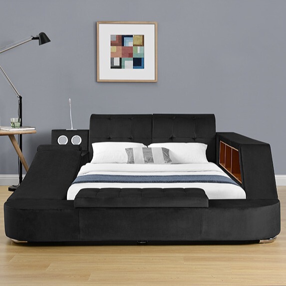 Foreign trade factory modern double-layer leather soft bag bedroom bed with Bluetooth audio LED light large size bed