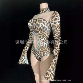 个性设计师款豹纹修身性感连体衣时尚party舞会动物角色扮演服装